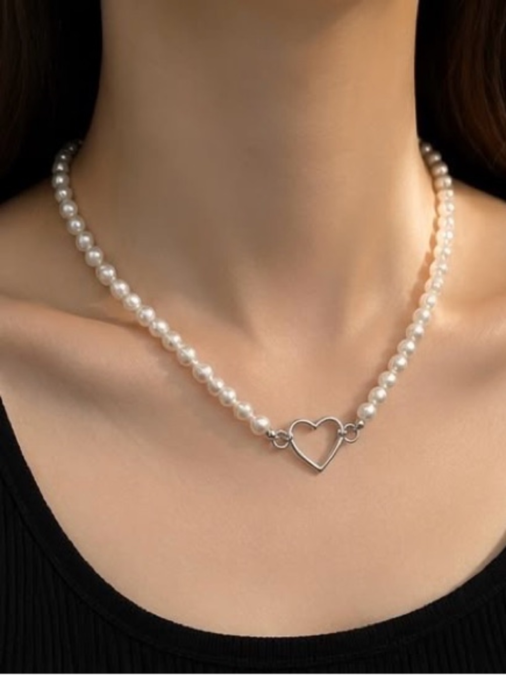 White Pearl Necklace with Silver Heart Loop